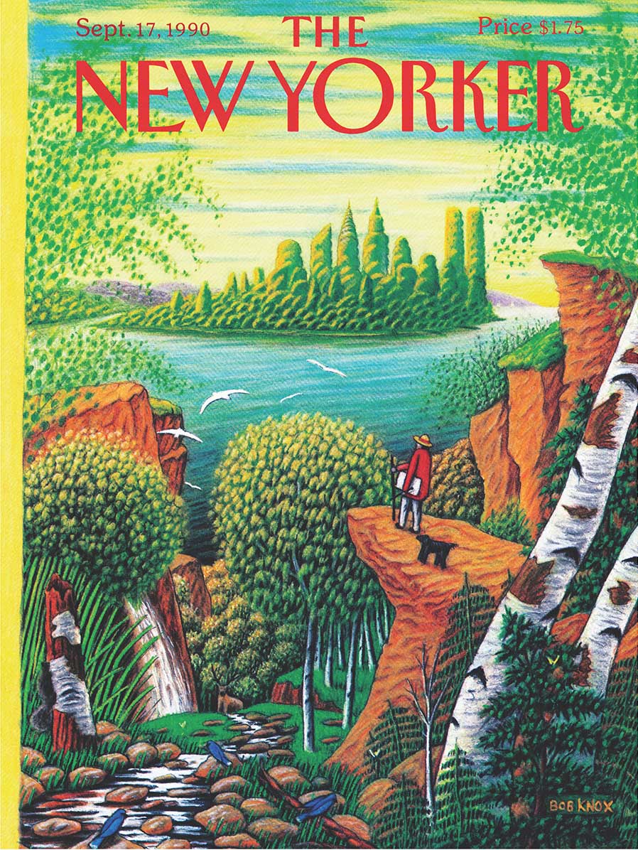 New Yorker magazine cover illustration showing hikers on a rocky cliff above a green valley with waterfalls and a lake