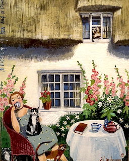 Painting of a woman and black-and-white cat at a tea table outside a flower-filled cottage