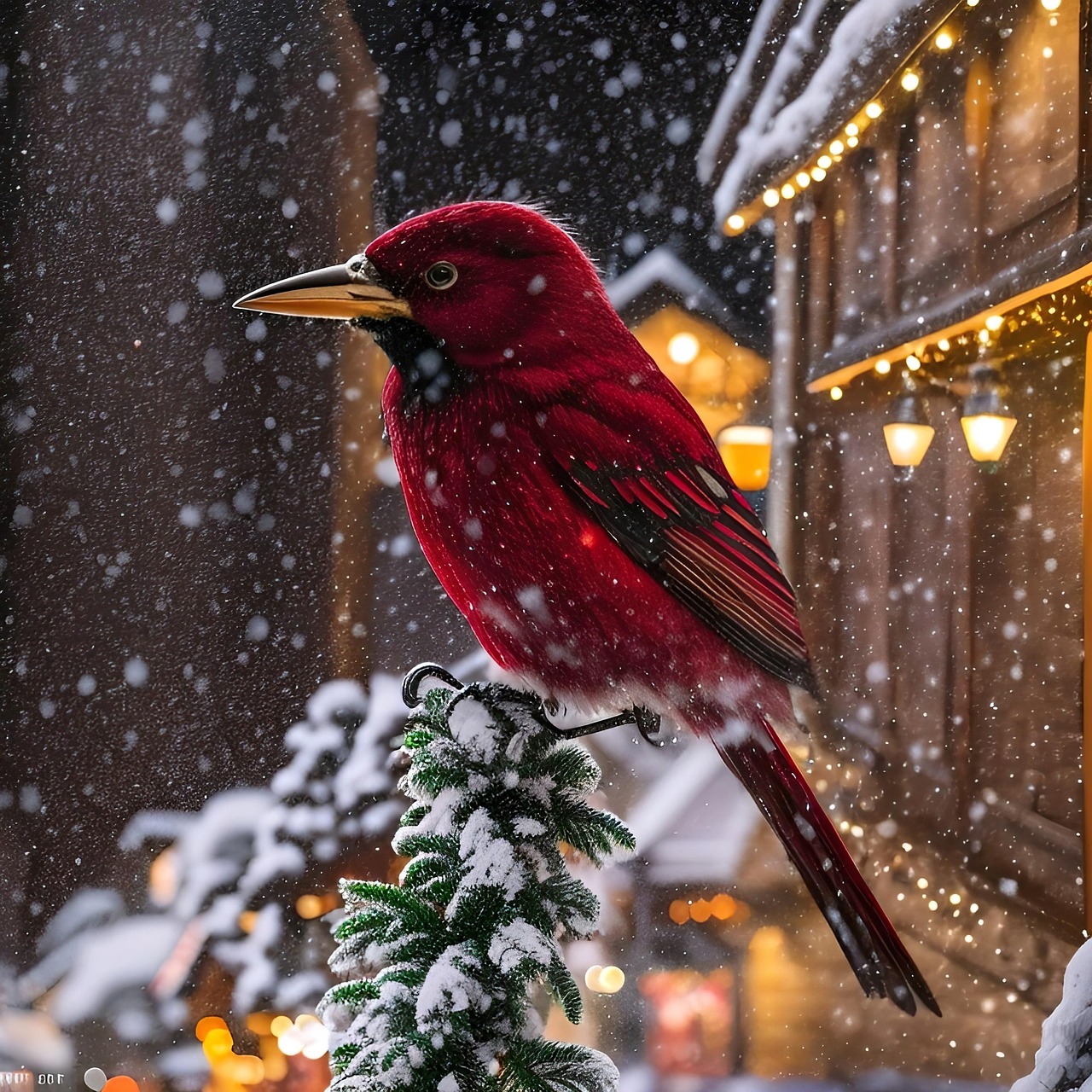 Red robin bird on snowy evergreen branch with bokeh lights and falling snow