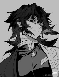 Black-and-white anime portrait of Giyuu Tomioka with dark messy hair and patterned clothing