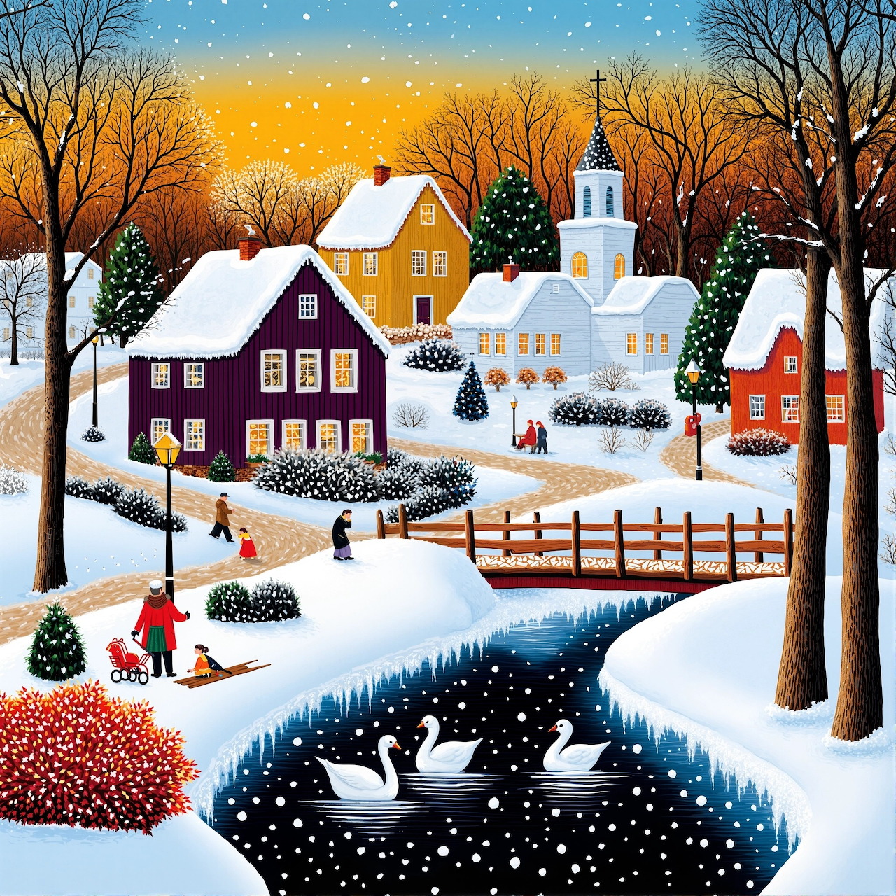 Illustrated winter village scene with colorful houses, church, snowy trees, pond with swans, and orange sunset sky