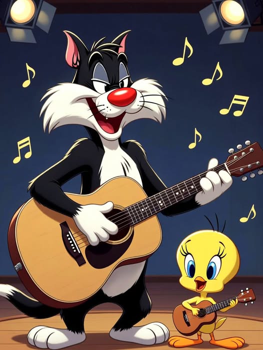 Sylvester the cat and Tweety bird playing guitars with musical notes around them