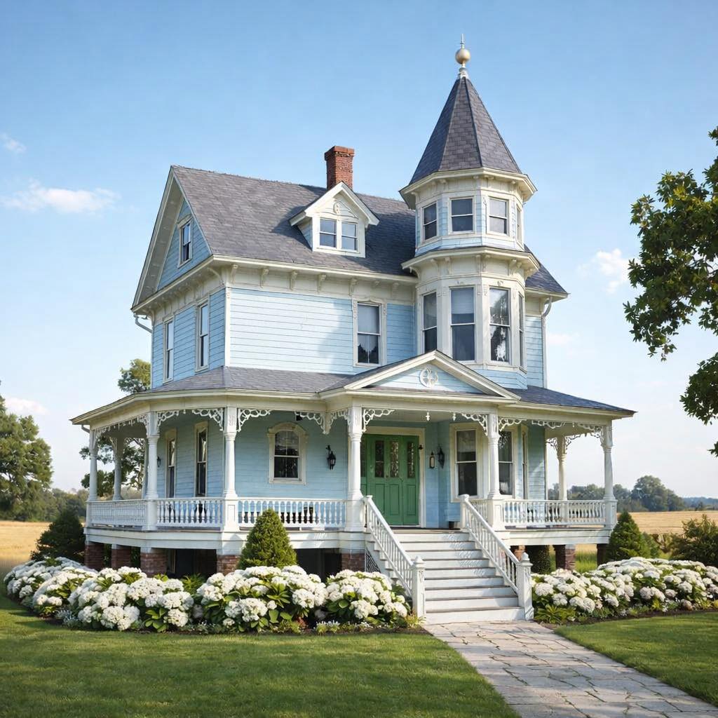 White Victorian house with turret and wraparound porch on manicured lawn with white hydrangeas