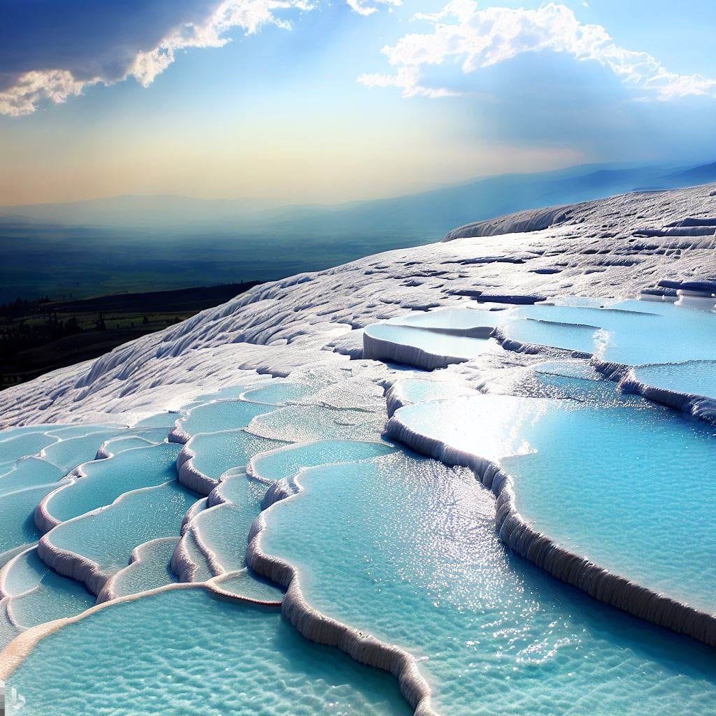 White travertine terraces with turquoise pools at Pamukkale, Turkey against blue sky with clouds