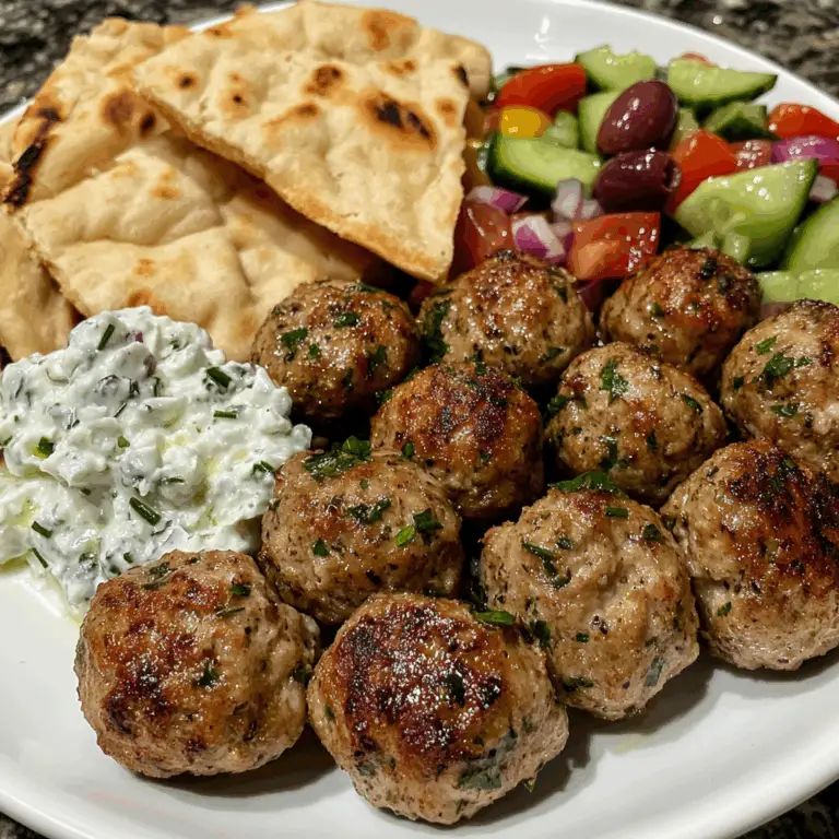 Greek pork meatballs with tzatziki, pita bread, and fresh salad on white plate