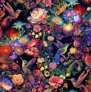 Vibrant floral pattern with hummingbirds and butterflies among colorful blooms on black background
