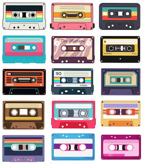Collection of 15 illustrated retro cassette tapes in bright colors arranged in a grid pattern