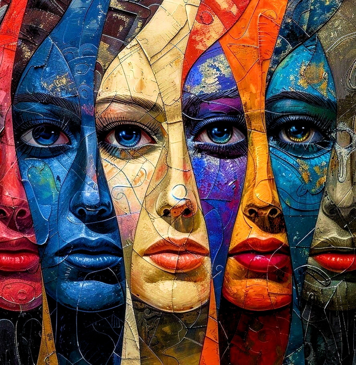 Abstract portrait of woman's face divided into colorful vertical segments with mosaic texture