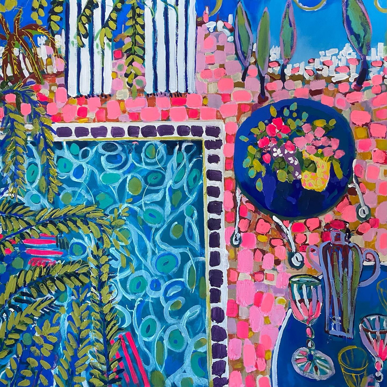 Colorful painting of pool area with pink tiles, blue water, white striped chair, and tropical flowers