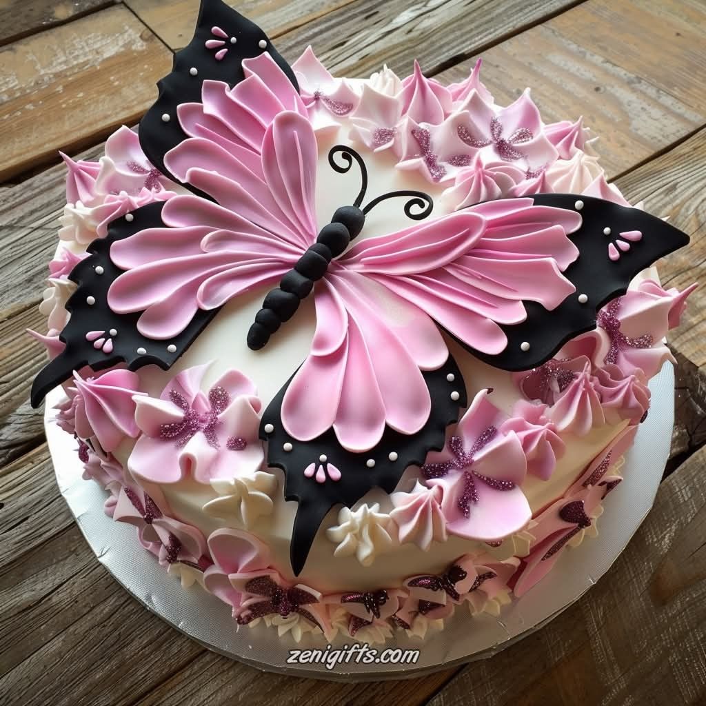Pink frosted cake with flower piping and a large butterfly decoration on a wooden table