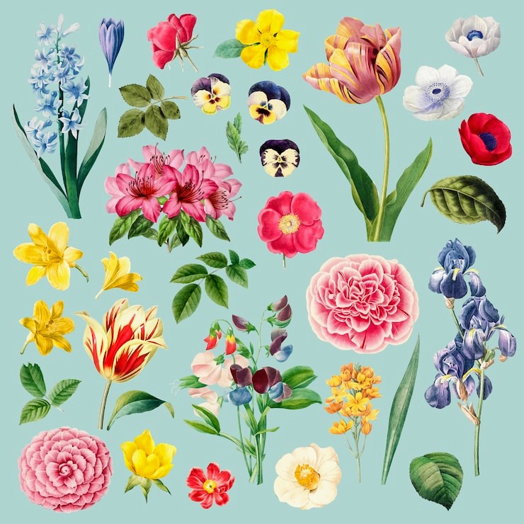 Collection of vintage botanical flower illustrations on light blue background