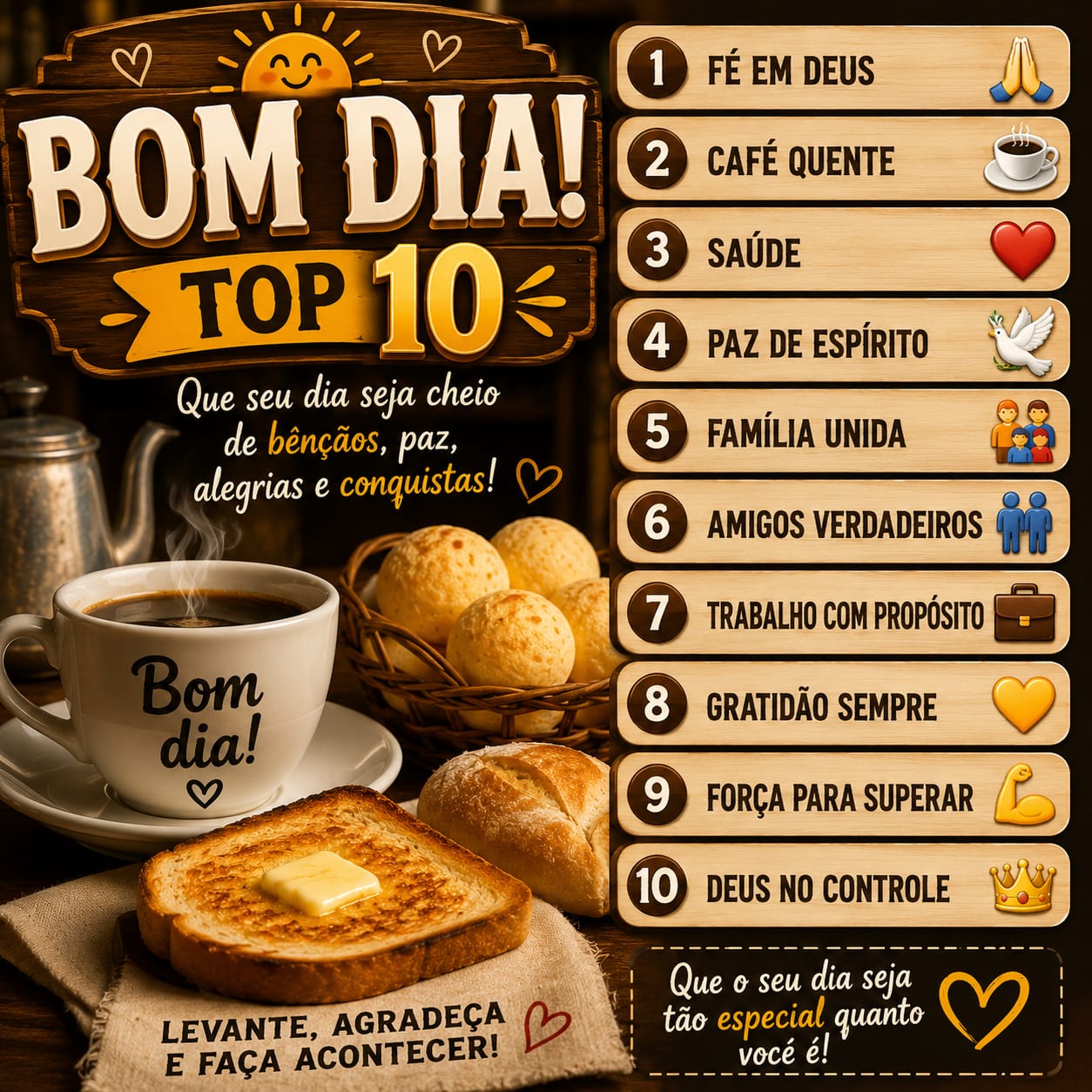 Breakfast poster with coffee, bread, toast and a Portuguese Top 10 morning message