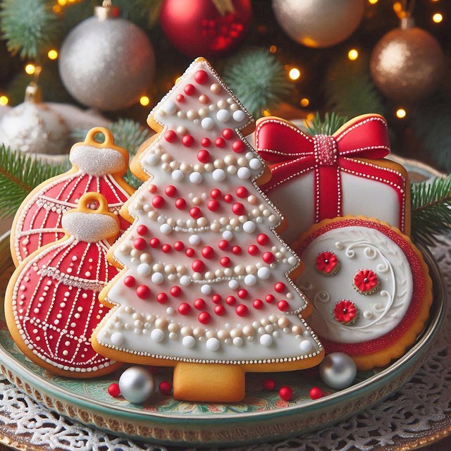 Christmas tree gingerbread cookie with ornament-shaped cookies on decorative plate surrounded by baubles
