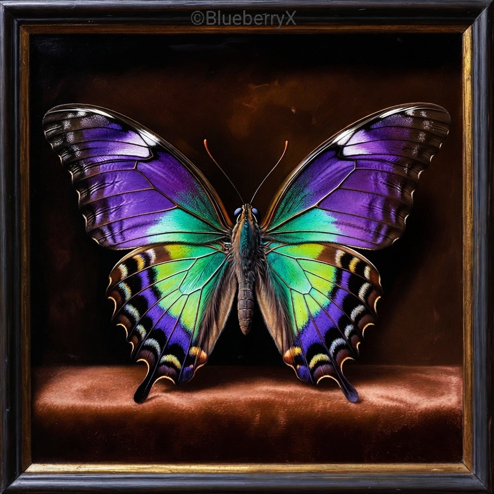 Colorful butterfly with purple and turquoise wings in decorative frame