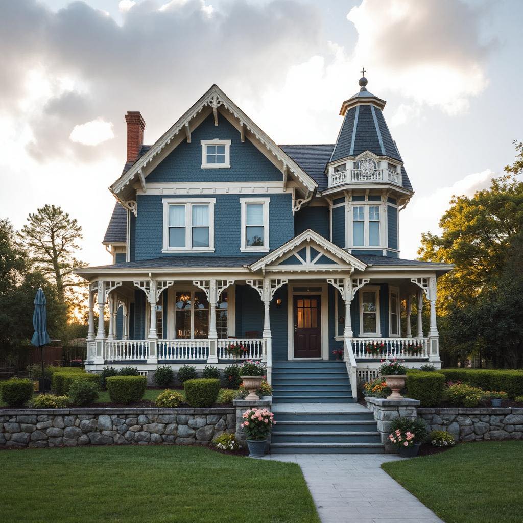 Blue Victorian mansion with white trim, front porch, turret, and stone retaining wall at dusk