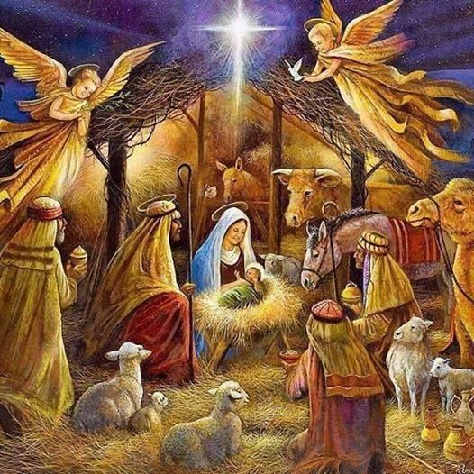 Nativity scene with Mary, Joseph, baby Jesus, angels, shepherds and animals under starlit sky in stable