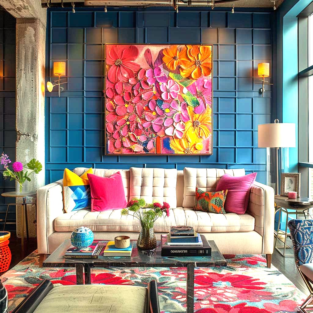 Bright living room with colorful textured art, beige sofa, teal wall paneling, and decorative pillows