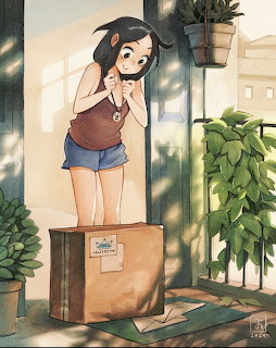 Anime illustration of a girl standing over a delivery box on a porch with plants