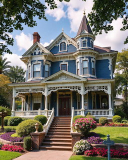 Blue Victorian mansion with white porch, turret, and landscaped lawn