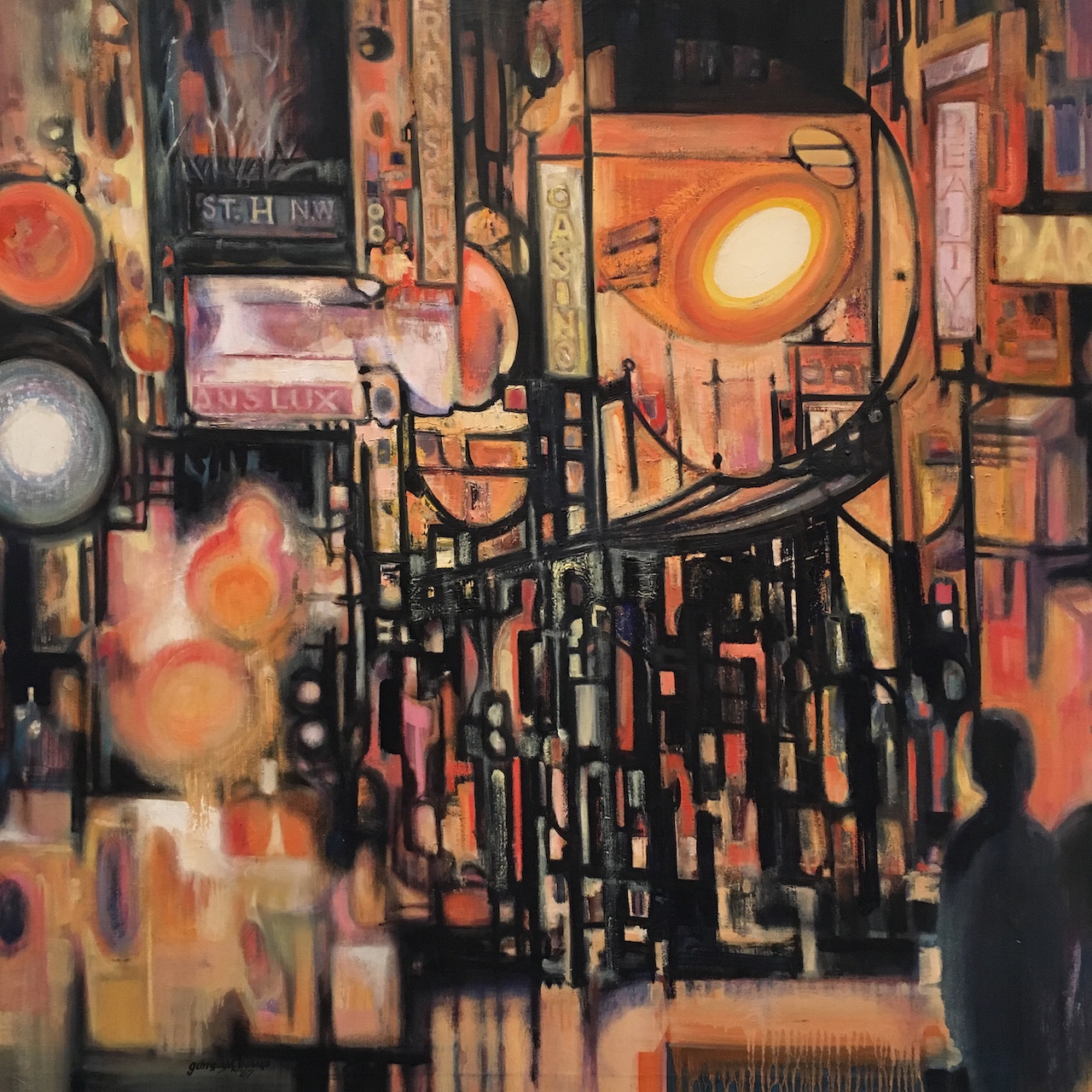 Abstract painting of rainy city street at night with glowing lights and silhouetted figure