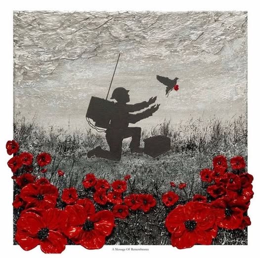 Silhouette of kneeling soldier with rifle surrounded by red poppies against textured gray sky
