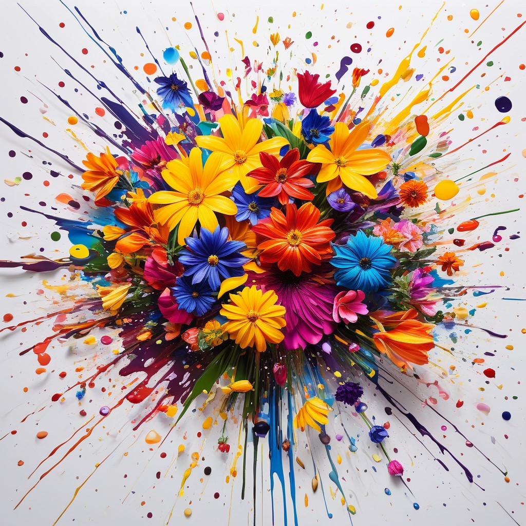 Explosive arrangement of colorful flowers with paint splatter and radiating lines in abstract style