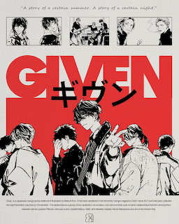 Given anime promotional poster with red-toned character group illustration and manga panels