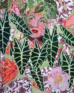 Mixed media portrait of woman with red lips amid tropical plants and flowers