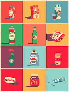 Grid of 12 illustrated retro product packages in bright colors including ketchup, soda, and snack boxes