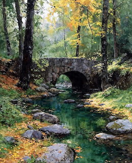 Painting of a stone arch bridge over a clear stream in an autumn forest with golden and green trees