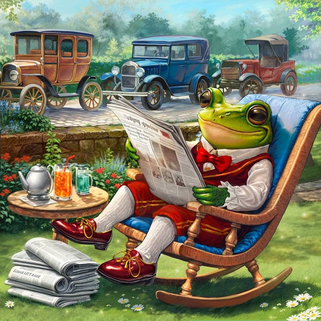 Illustrated frog in a rocking chair reading a newspaper in a garden with vintage cars in the background