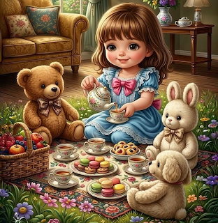 Little girl in blue dress having tea party with teddy bear and bunny toy on grass with cookies and macarons