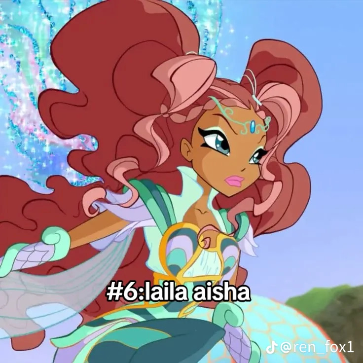 Cartoon fairy Aisha in Bloomix form with long flowing hair against a sparkling blue background