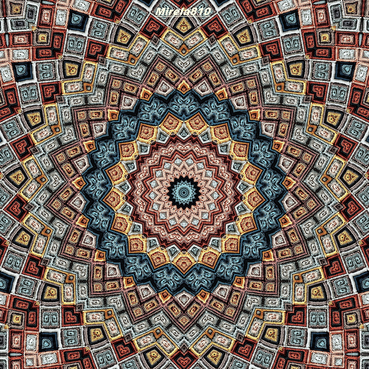 Detailed mandala with colorful geometric patterns in concentric circles radiating from center