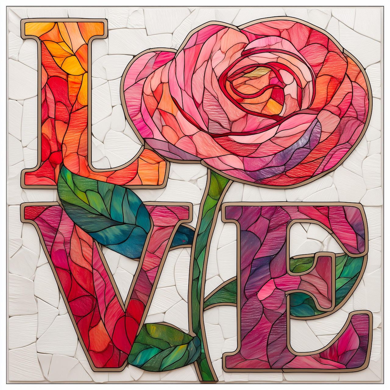 Stained glass art spelling LOVE with pink rose as the O, colorful mosaic pattern on white background
