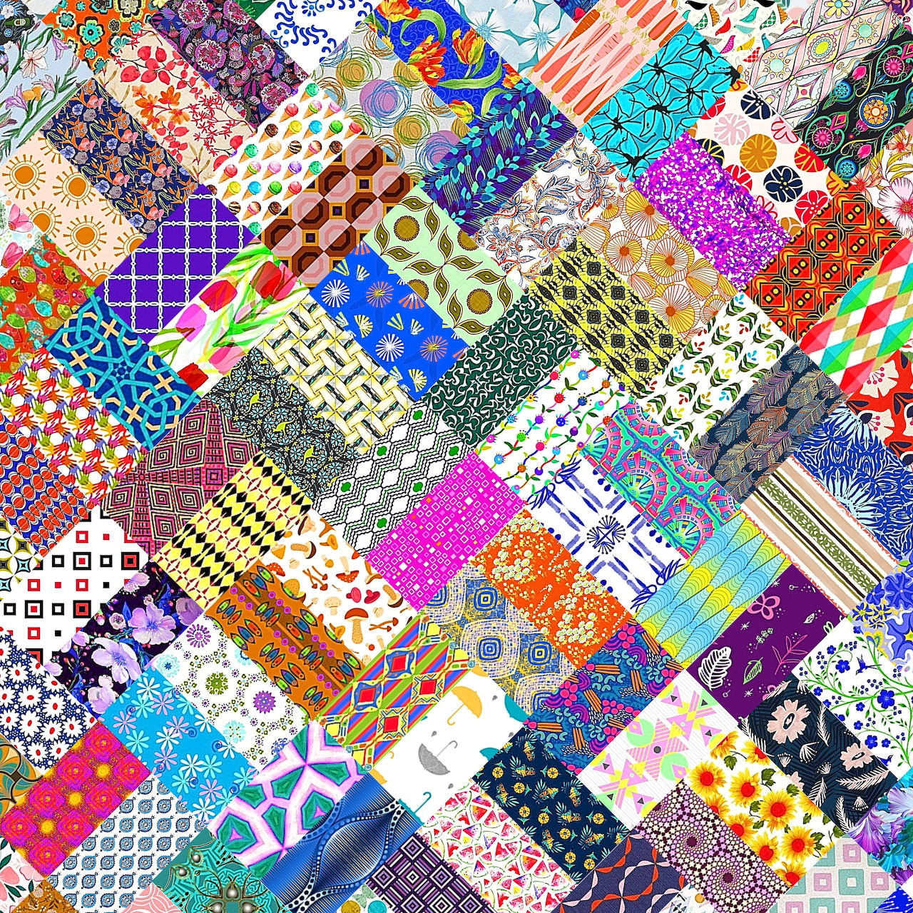 Diagonal patchwork quilt with colorful geometric and floral fabric squares in various patterns