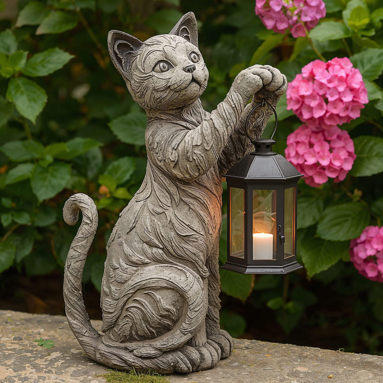 Stone cat statue holding a glowing lantern in a garden with pink hydrangeas