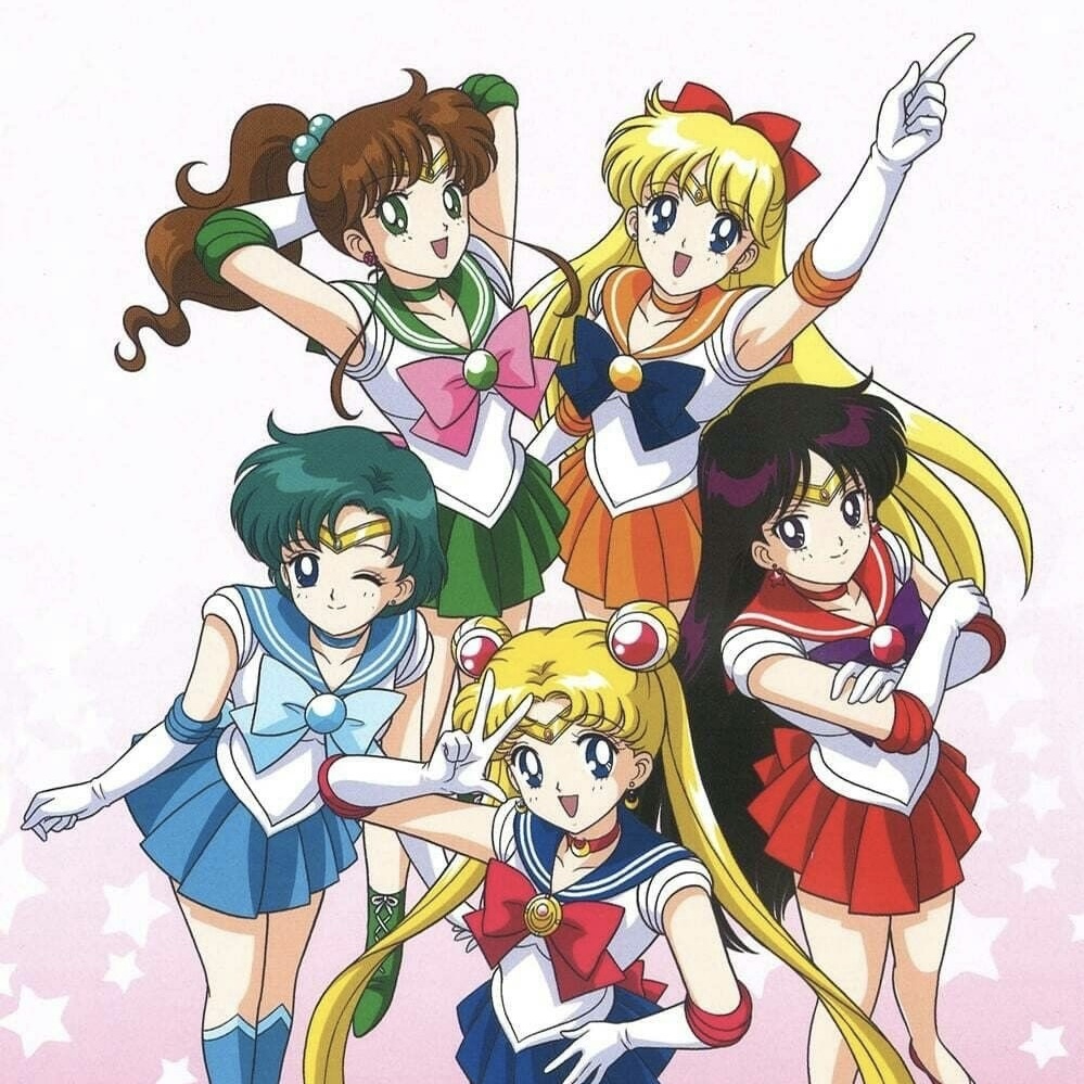Anime illustration of five Sailor Guardian girls posing together in sailor-style uniforms