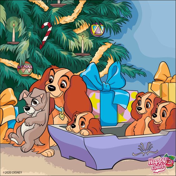 Disney dogs beside a Christmas tree and presents in a festive cartoon scene
