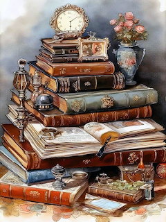Stack of vintage leather-bound books with antique clock, vase of flowers, and decorative objects
