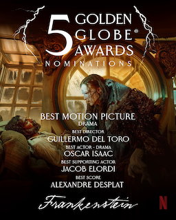 Movie poster showing Frankenstein's monster with lightning and castle background, displaying 5 Golden Globe nominations