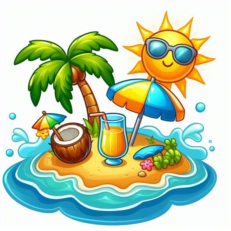Cartoon tiny beach island with smiling sun, palm tree, umbrella, drinks, and fruit