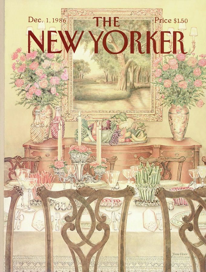 The New Yorker magazine cover showing an elegant winter garden interior with chairs and flowers overlooking a snowy park
