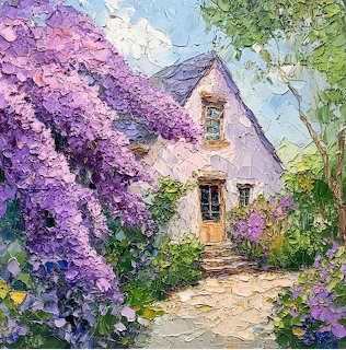 Watercolor painting of cottage with abundant purple lilacs, stone path, and arched entrance surrounded by colorful garden