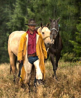 Cowboy in a yellow rain slicker standing with two horses in a rainy field