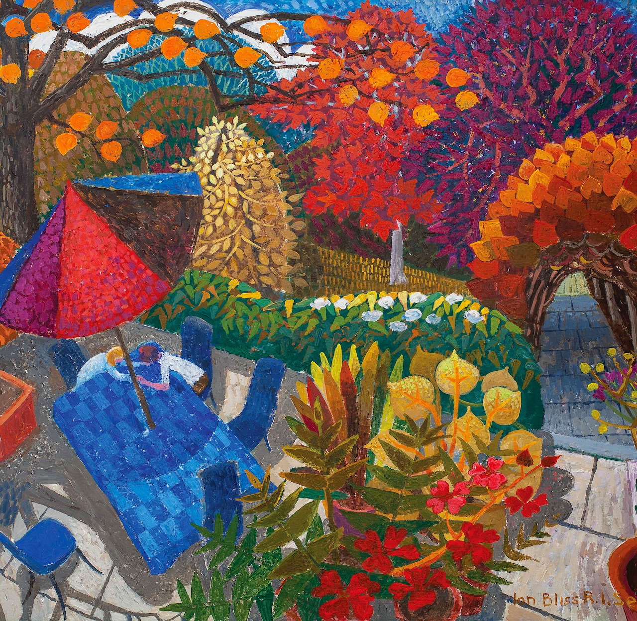 Colorful painting of garden with red and orange trees, flowers, and person in blue working among plants