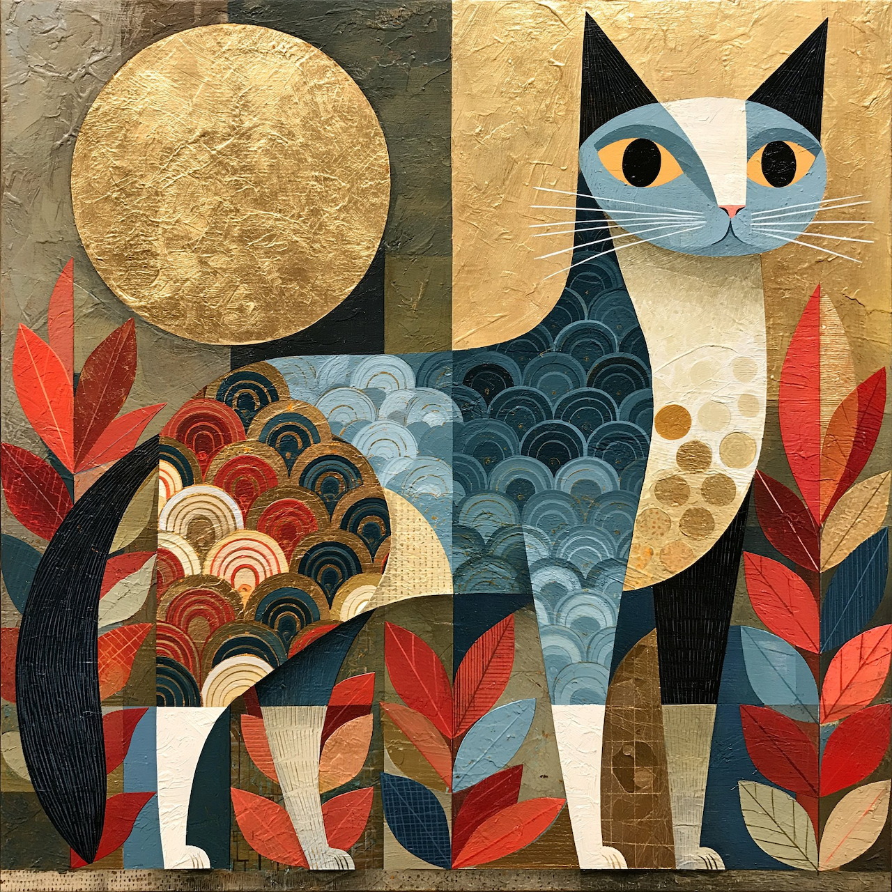 Stylized geometric cat illustration with patterned fur and red leaves on a gold background