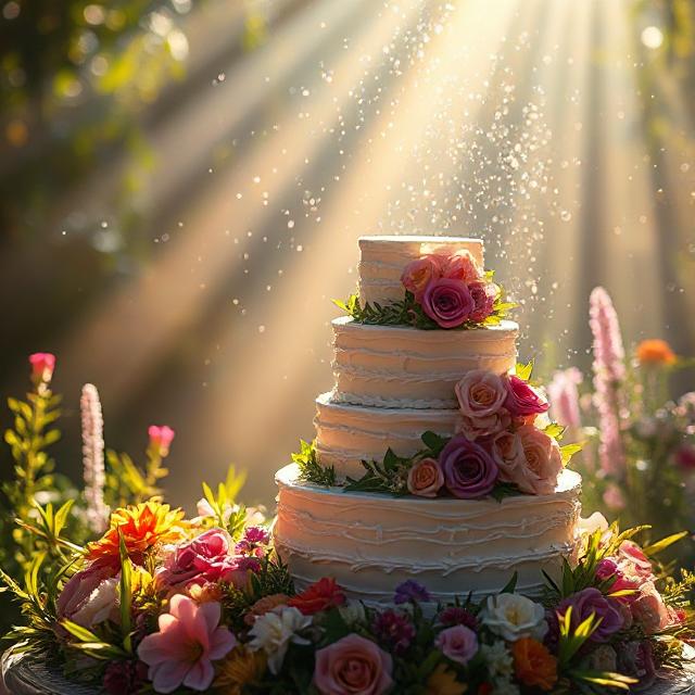 Tiered wedding cake with pink roses and flowers in a sunlit garden