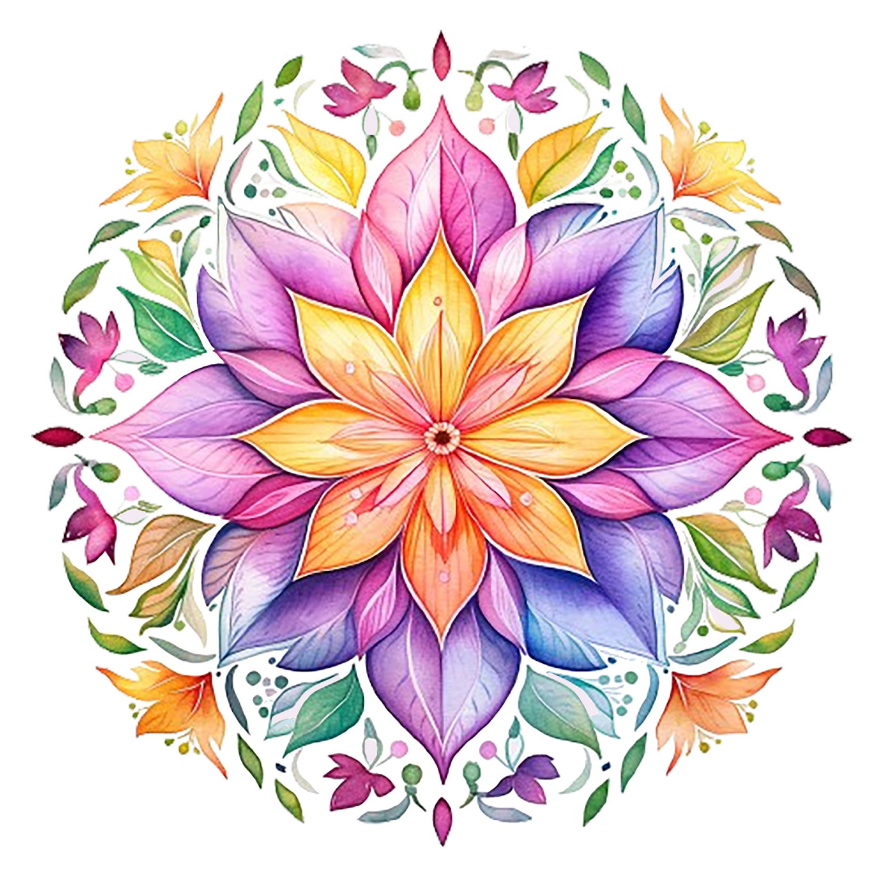 Colorful floral mandala with layered lotus petals in pink, purple, yellow and orange with surrounding botanical elements