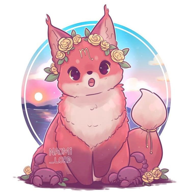 Adorable pink fox with large eyes, flower crown, and fluffy tail sitting against colorful sunset sky